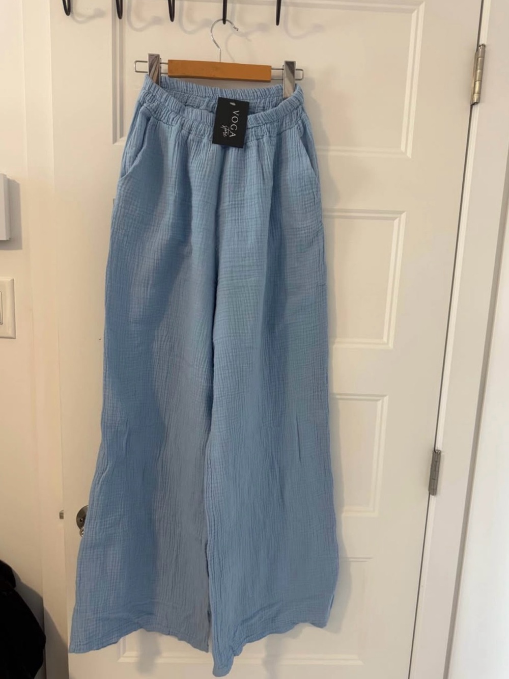 Light Blue Wide-Leg Gauze Pants Cotton